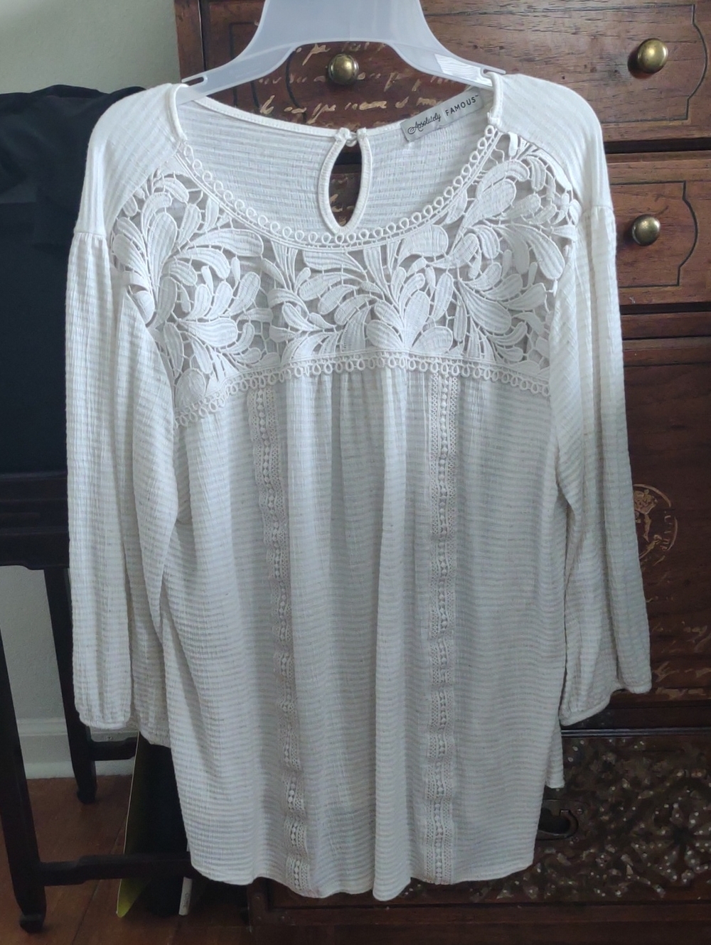 Absolutely Famous Ivory Crochet Yoke Peasant Tunic